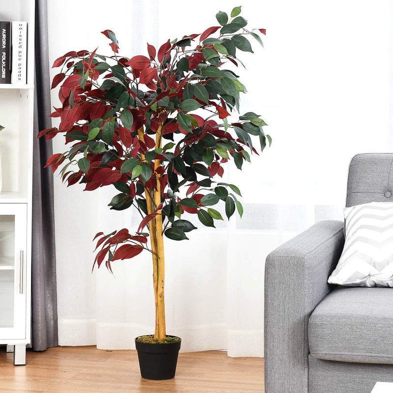 COSTWAY Fake Artificial Greenery Plants in Pots Decorative Home, Office, Lobby (4Ft Ficus Tree), Green & Red - Image 3